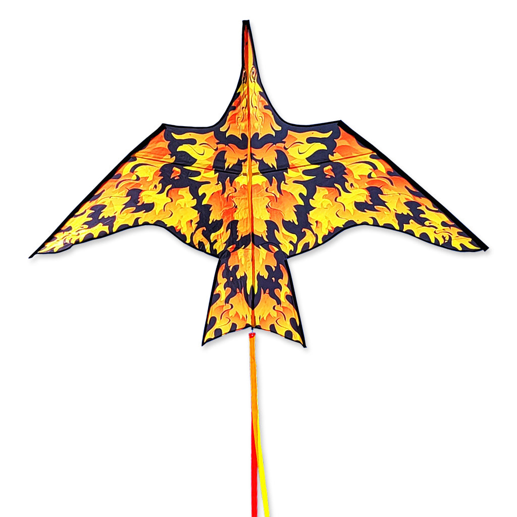 A colorful kite designed in a bird-like shape with a flame pattern in yellow and black, flying against a white background