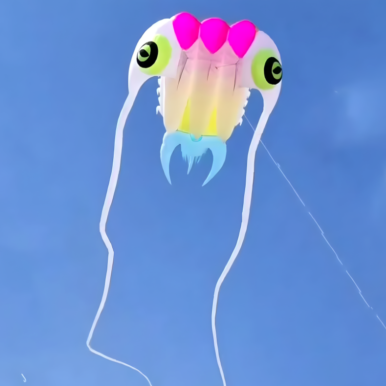 Colorful trilobite-shaped kite against a blue sky