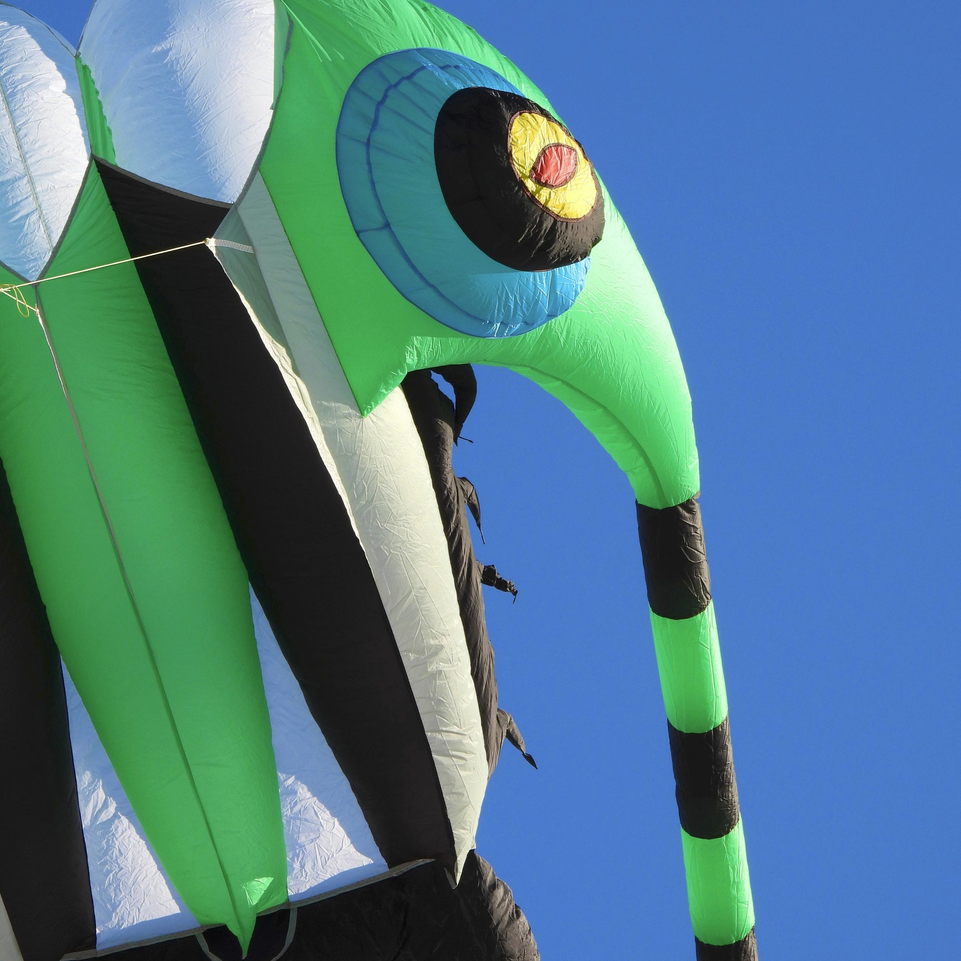 Inflatable green and black kite against a clear blue sky