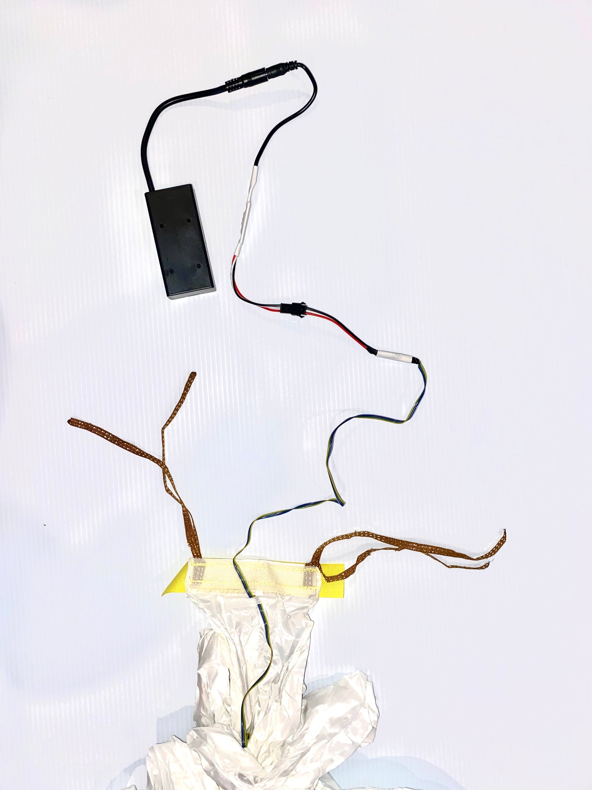 End of a tube tail that shows wiring and a battery box against a white background. 