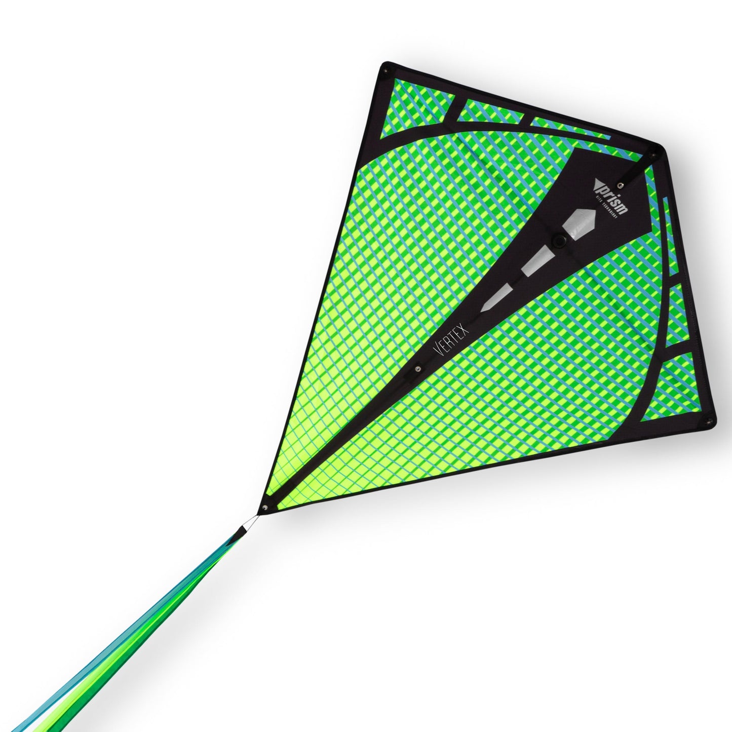 Green and black kite on a white background