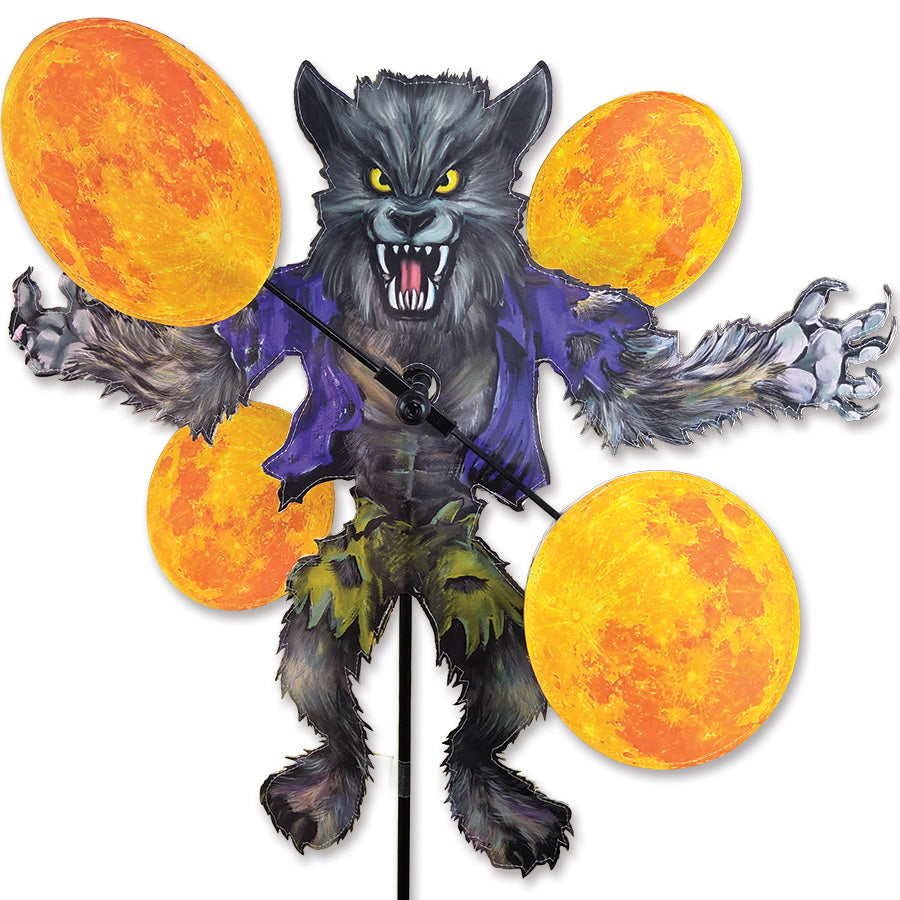 A Halloween yard sign depicting a snarling werewolf with a purple shirt and green pants, surrounded by four large glowing orange full moons on a white background.