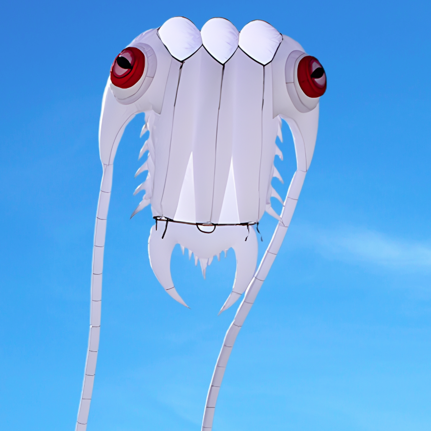 White kite shaped like a trilobite with red eyes against a blue sky