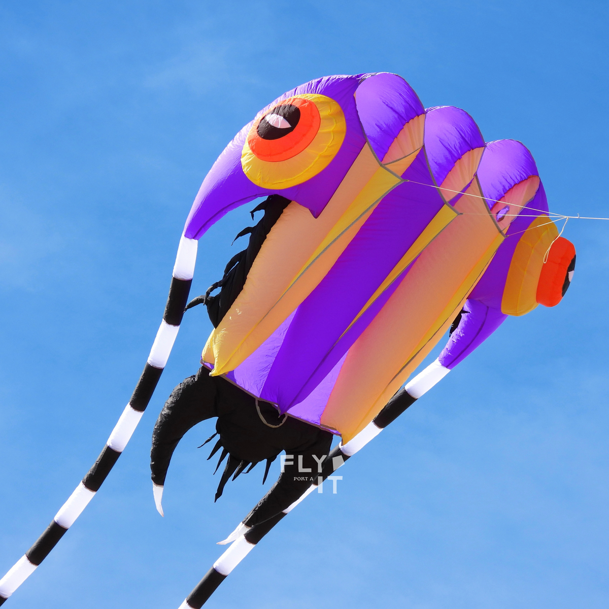 A large, colorful trilobite-shaped kite flying against a clear blue sky. The kite features purple, yellow, orange, black, and white colors, with long black and white striped antennas.