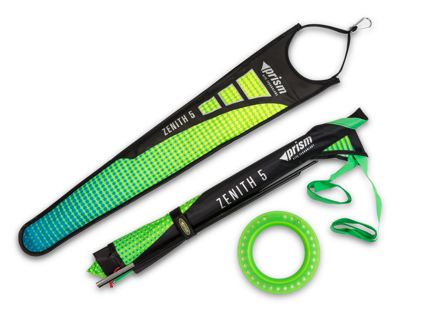 Green and black Prism Zenith 5 kite with carrying bag on a white background