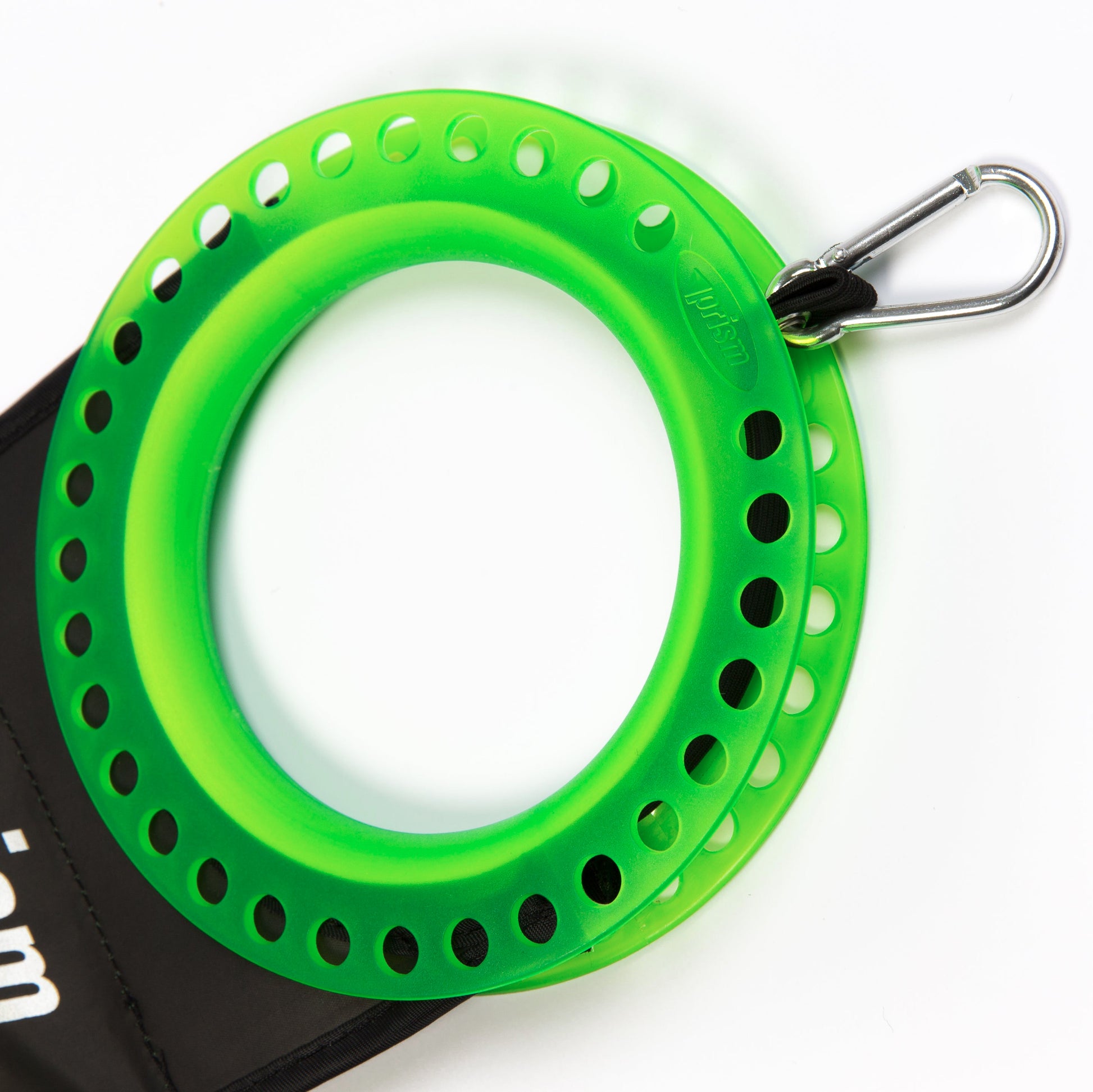 Green yo yo with carabiner on a white background, featuring the Prism brand.