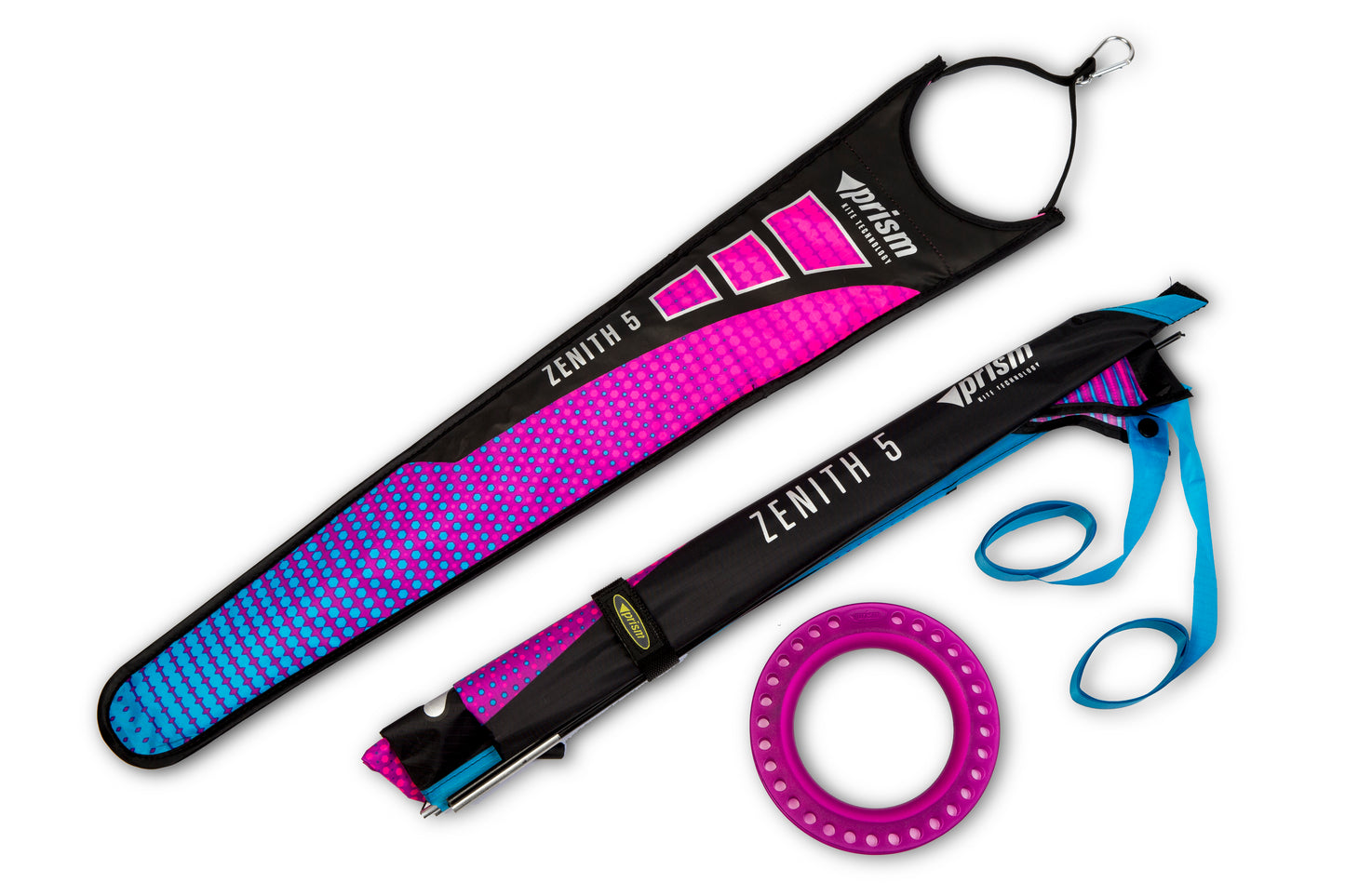 Zenth 5 kite bag with pink and blue accents, pink yo yo with kite string, and two blue streamers tails  on a white background.