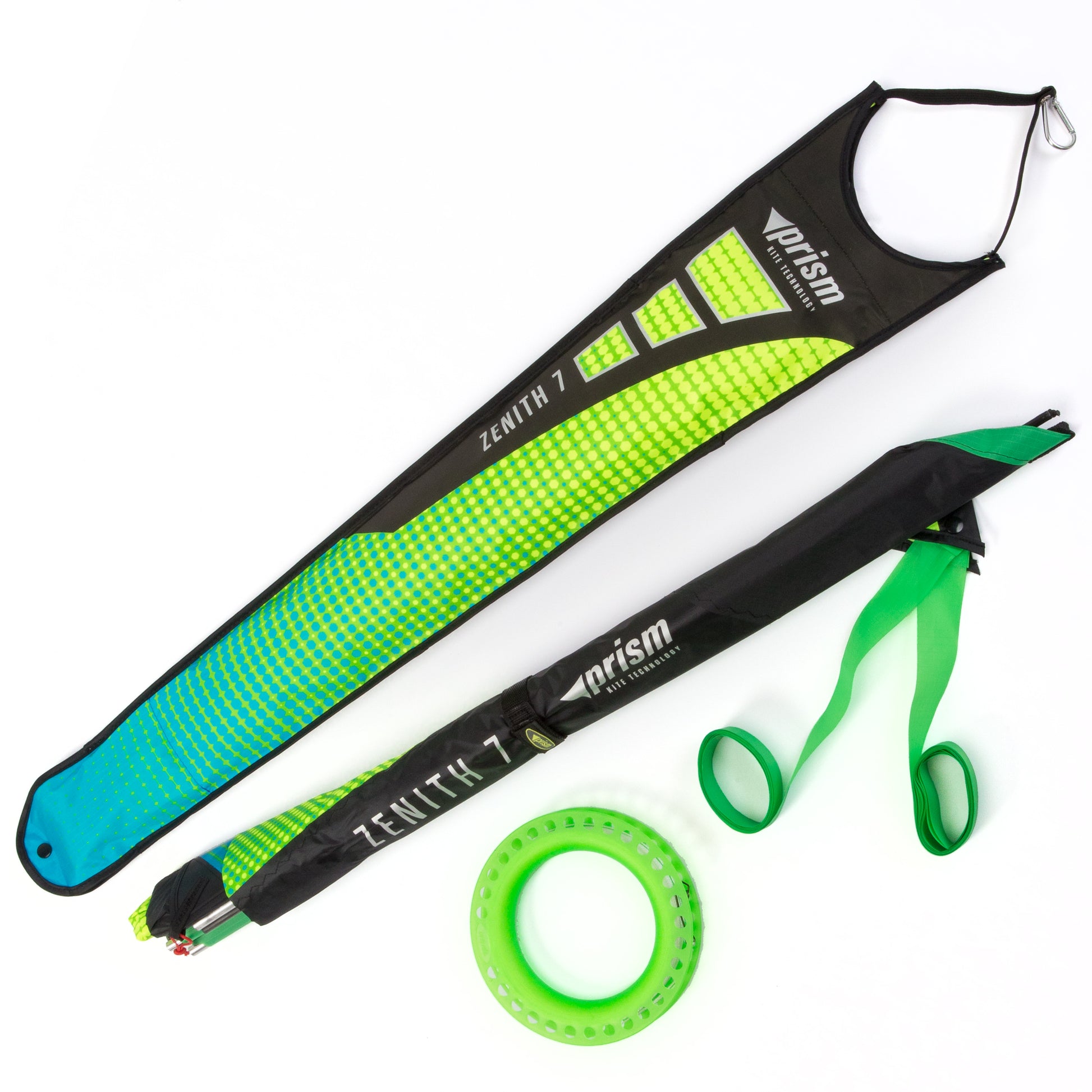Green and black Prism Zenith 7 kite with carrying bag on a white background