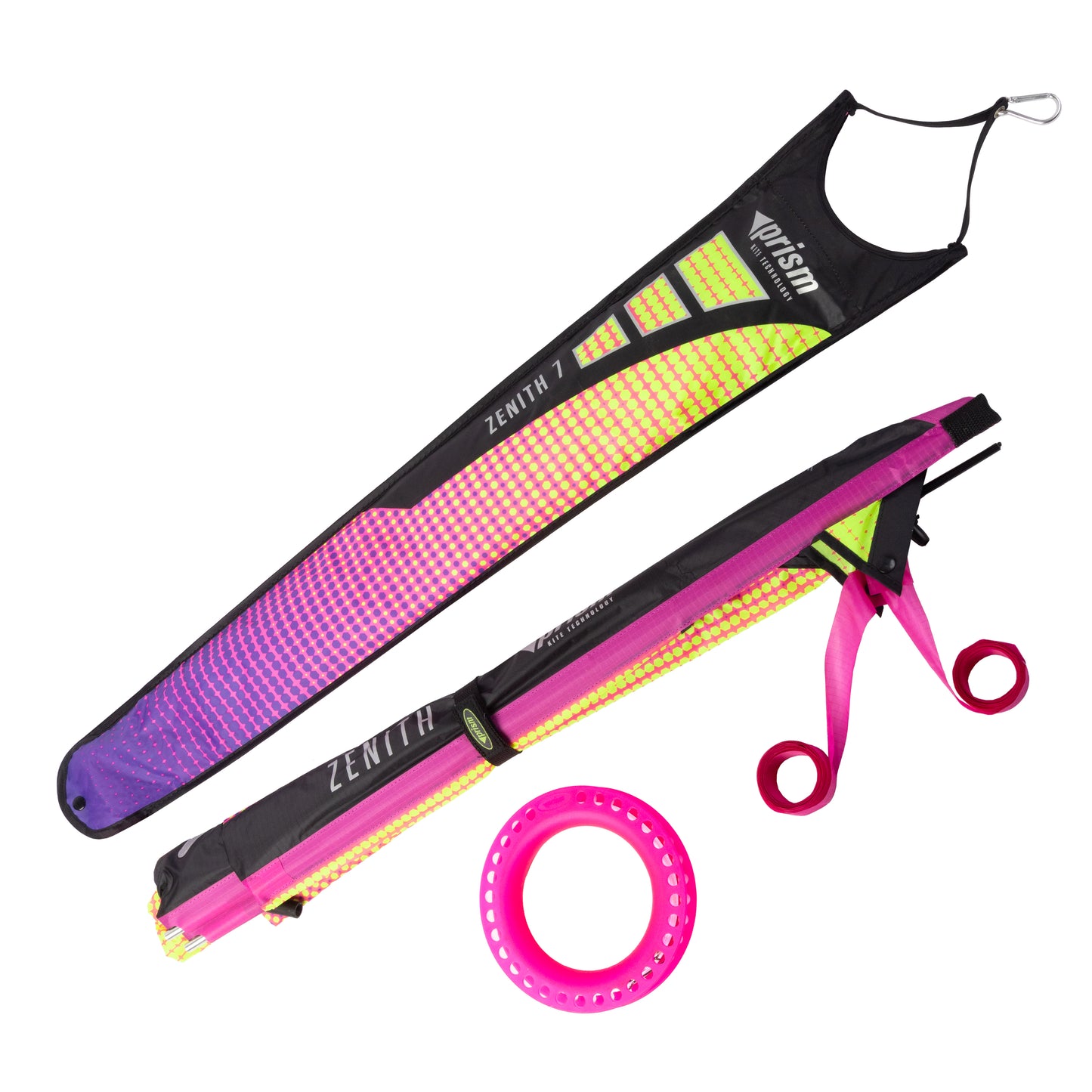 Pink and purple carrying case, pink yo you with kite line, and pink streamer tails on a white background